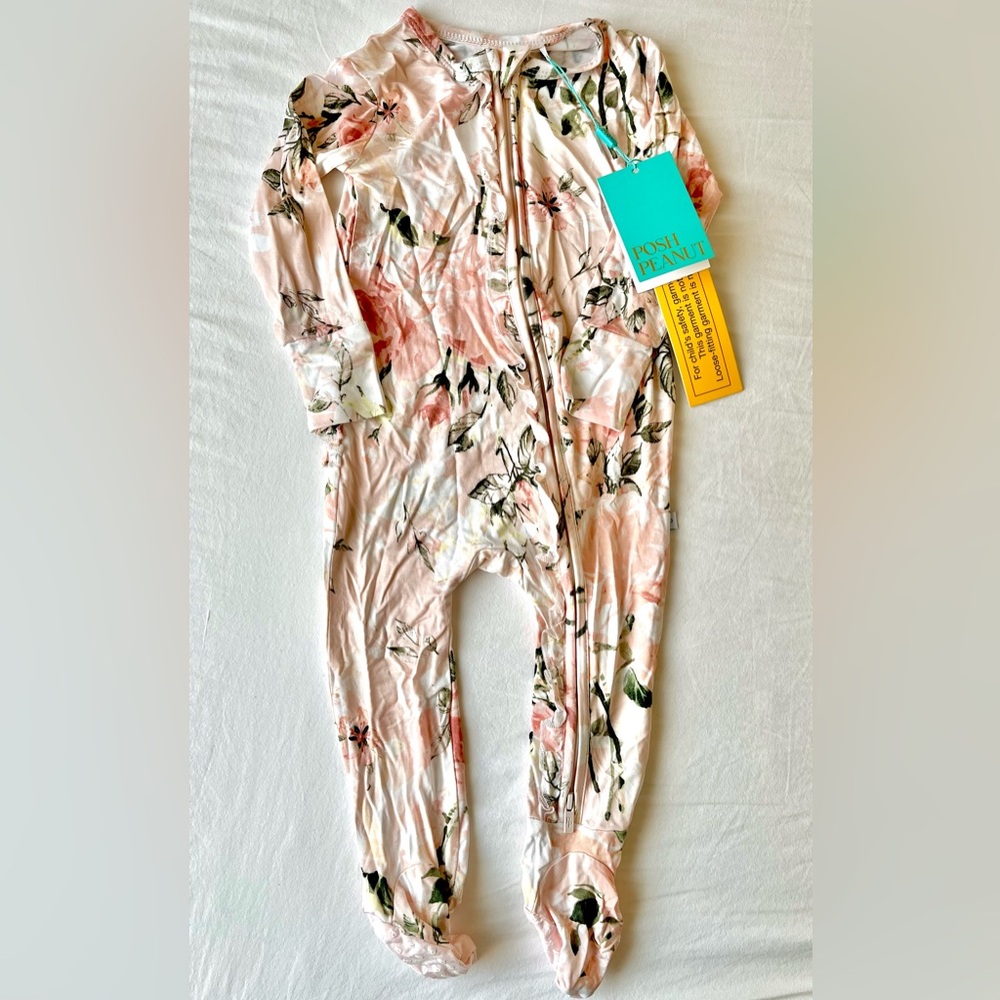 Posh Peanut Pink Rose Footie Ruffled Zippered One Piece
